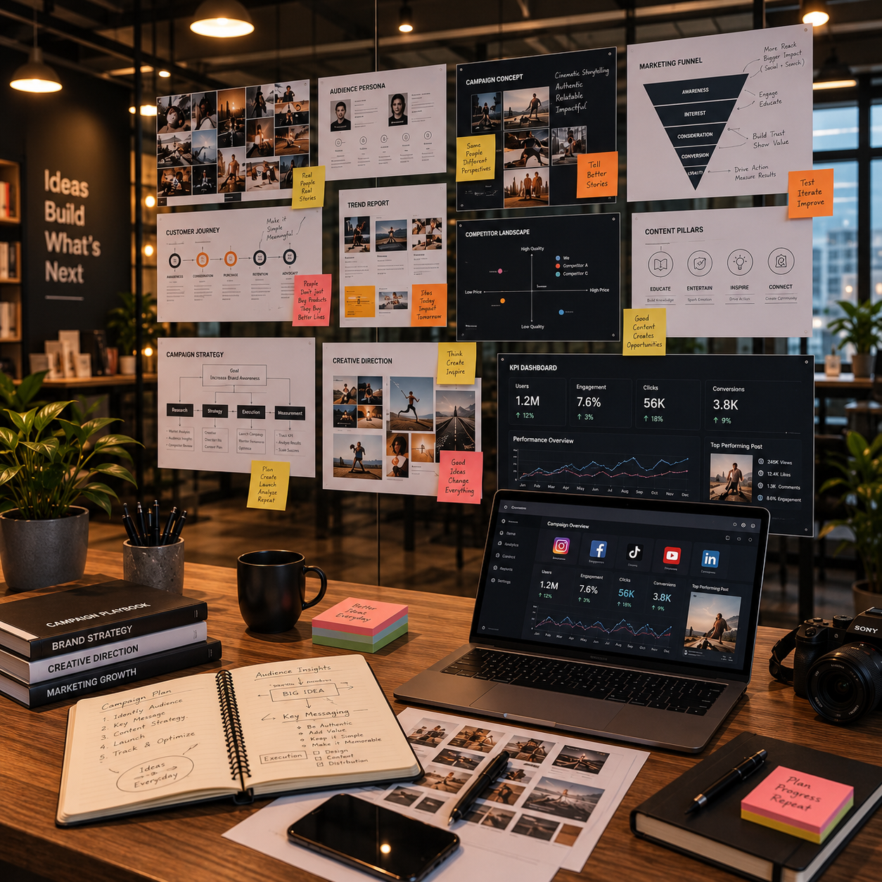 Campaign strategy board with laptop and notes